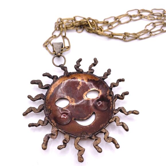 Vintage Artisan Mixed Metal Sun Pendant Necklace – 24” Handmade Smiling Design - Picture 5 of 5